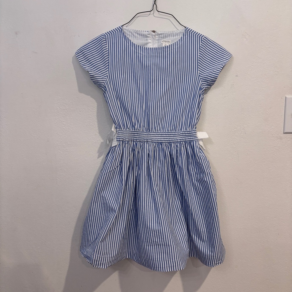 Crewcuts Girls Blue Striped Dress- Size 10- Bow Waist + Pink Zipper Accent